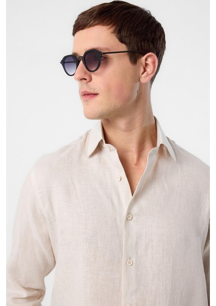 Bej 100% Keten Comfort Fit Erkek Gömlek fırsatları