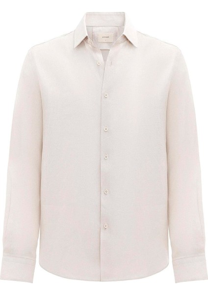 Bej 100% Keten Comfort Fit Erkek Gömlek