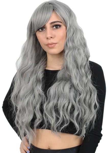 Perçemli Uzun Su Dalgası Fiber Sentetik Peruk - Açık Gri