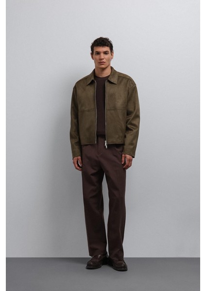 Haki Fermuarlı Suni Süet Erkek Mont modelleri