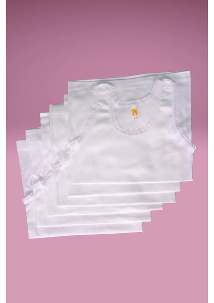 332X6 Kız Çocuk 6'lı %100 Pamuk, Penye Ribana Dantelli Atlet-Beyaz