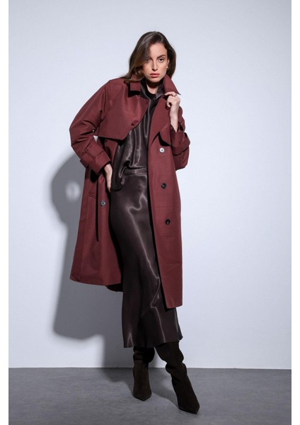 Bordo Kruvaze Kemerli Kadın Trençkot