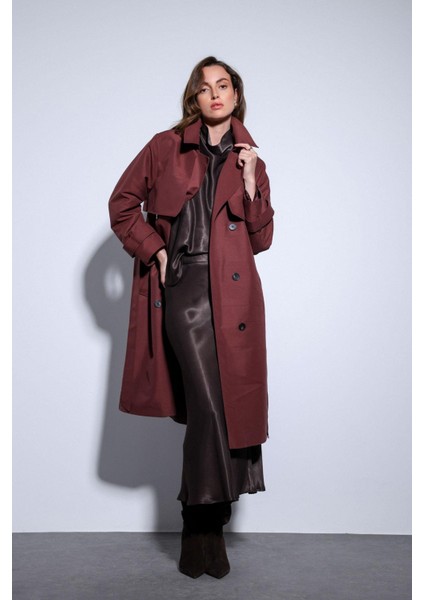 Bordo Kruvaze Kemerli Kadın Trençkot fiyatları