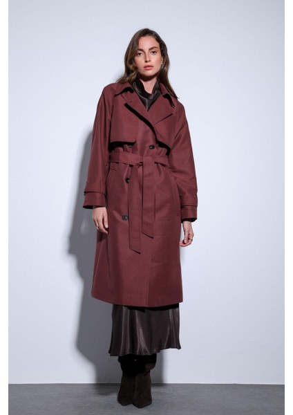 Bordo Kruvaze Kemerli Kadın Trençkot modelleri