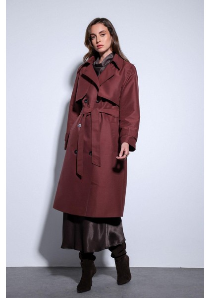 Bordo Kruvaze Kemerli Kadın Trençkot fırsatları