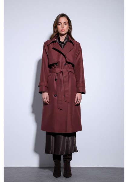 Bordo Kruvaze Kemerli Kadın Trençkot indirimleri