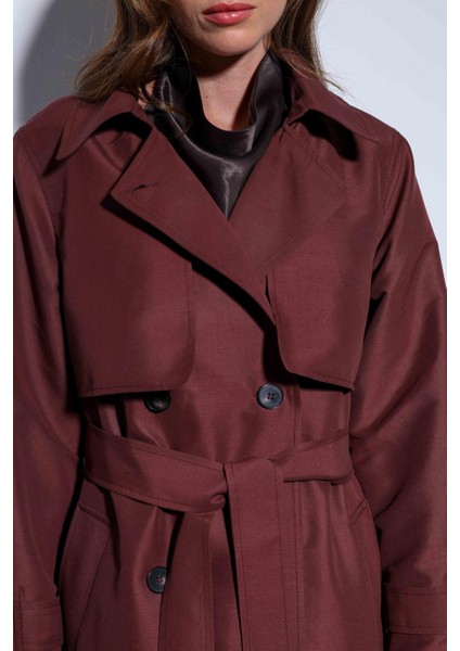 Bordo Kruvaze Kemerli Kadın Trençkot