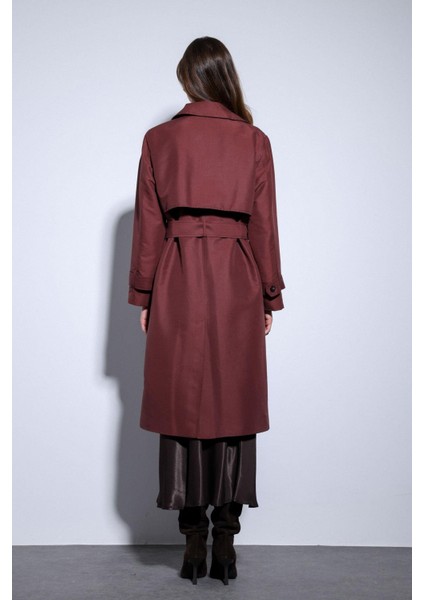 Bordo Kruvaze Kemerli Kadın Trençkot