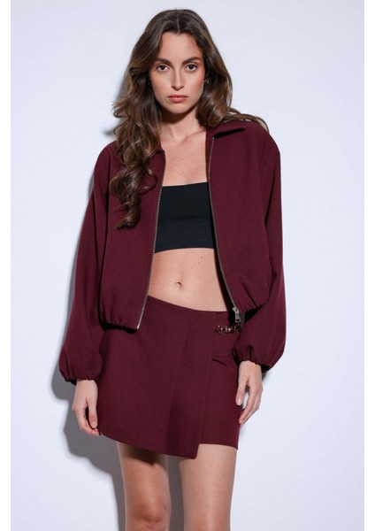 Bordo Fermuarlı Bomber Kadın Ceket