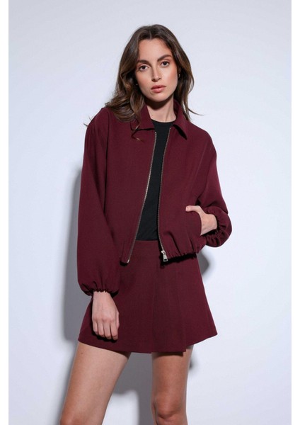Bordo Fermuarlı Bomber Kadın Ceket modelleri