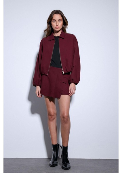 Bordo Fermuarlı Bomber Kadın Ceket