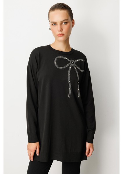 Kurdele Taş Detaylı Triko Tunik-SİYAH