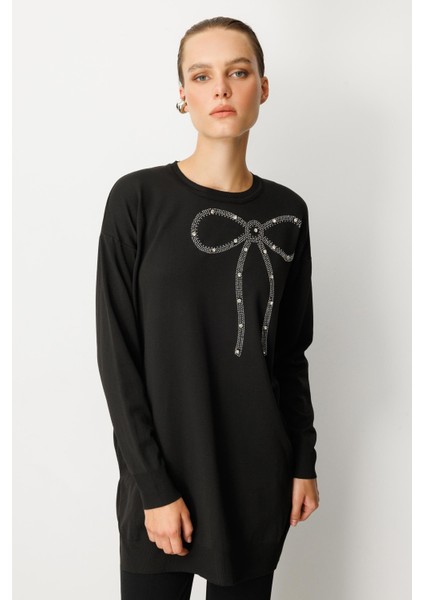 Kurdele Taş Detaylı Triko Tunik-SİYAH fiyatları