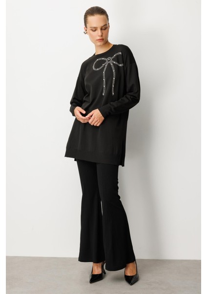 Kurdele Taş Detaylı Triko Tunik-SİYAH modelleri