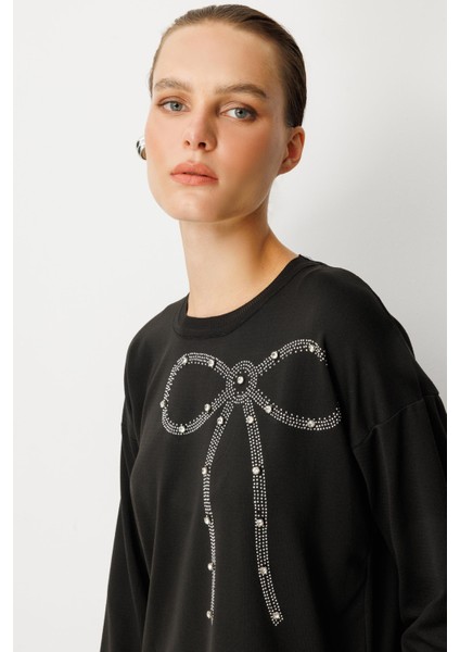 Kurdele Taş Detaylı Triko Tunik-SİYAH indirimleri