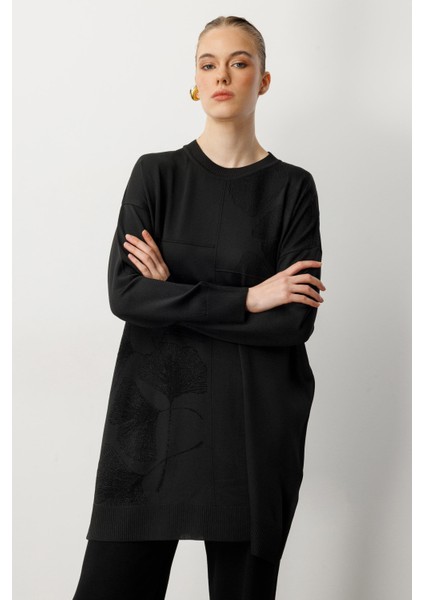 Simli Çiçek Detaylı Triko Tunik-Siyah modelleri