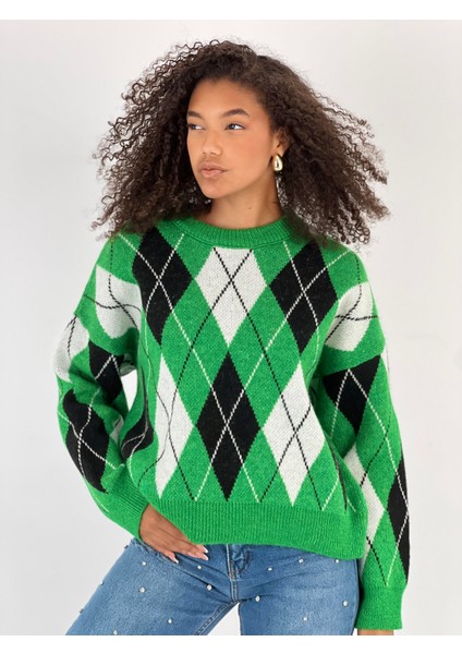 Kadın Baklava Desenli Yeşil Triko Kazak