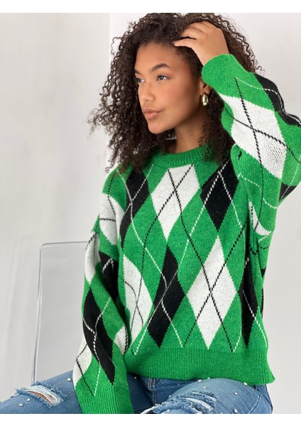 Kadın Baklava Desenli Yeşil Triko Kazak modelleri