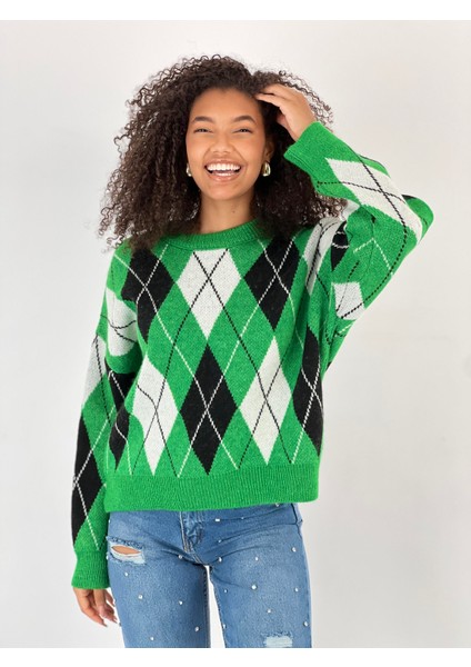 Kadın Baklava Desenli Yeşil Triko Kazak fırsatları