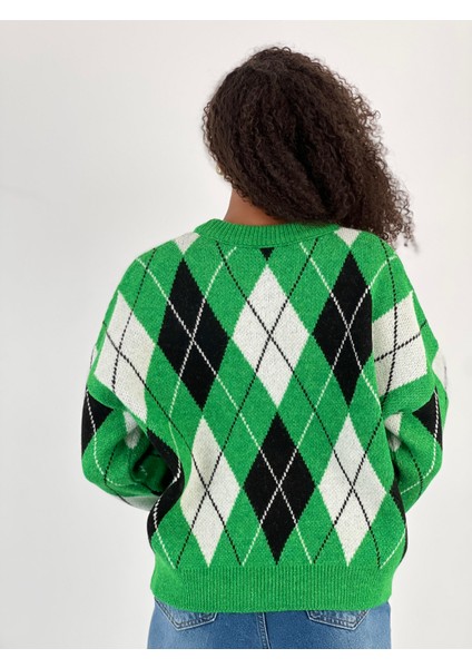 Kadın Baklava Desenli Yeşil Triko Kazak