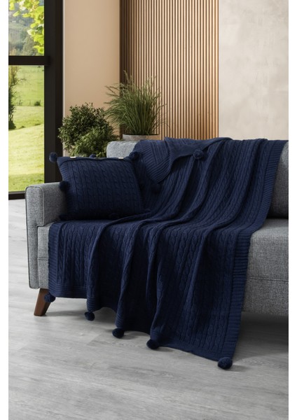 2'li Takım Triko Örme Kırlent Kılıfı & Tv Battaniyesi- Omuz & Koltuk Şalı Seti- Lacivert