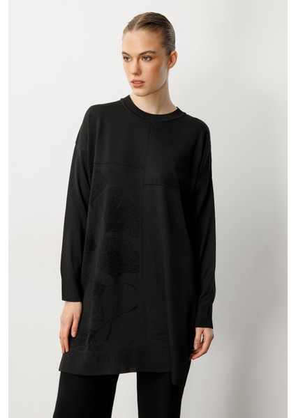 Simli Çiçek Detaylı Triko Tunik-Siyah indirimleri