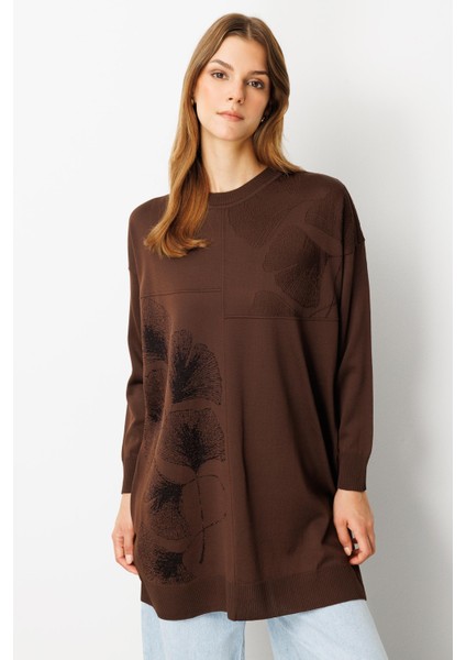 Simli Çiçek Detaylı Triko Tunik-KAHVE