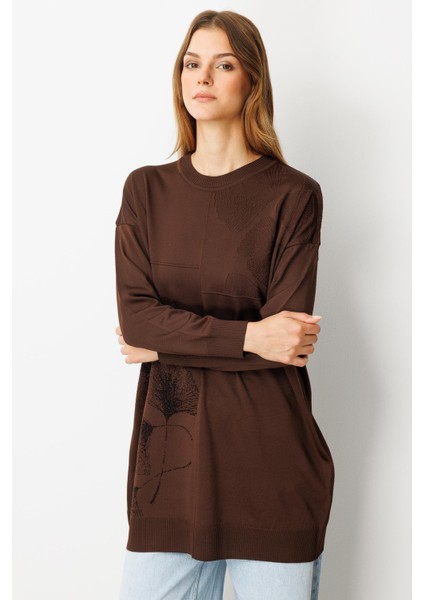 Simli Çiçek Detaylı Triko Tunik-KAHVE