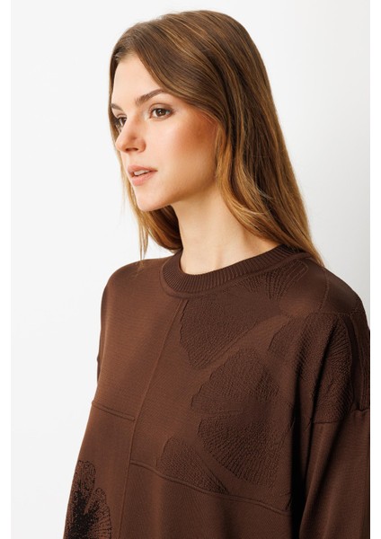 Simli Çiçek Detaylı Triko Tunik-KAHVE