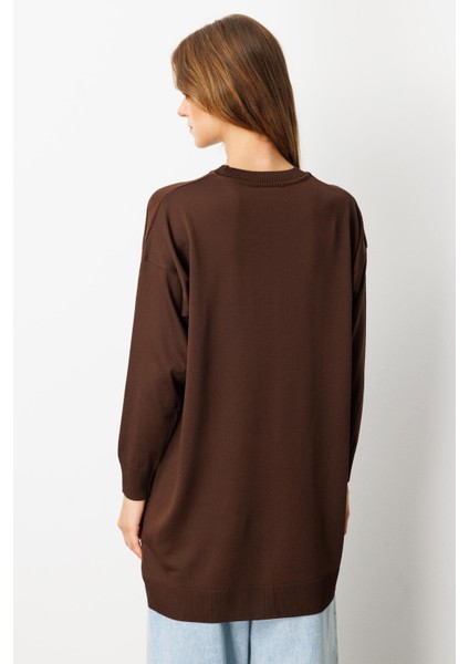 Simli Çiçek Detaylı Triko Tunik-KAHVE