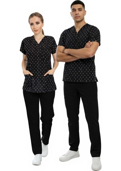 Unisex Siyah Çapa Desenli Doktor Hemşire Hastane Aşçı Scrubs Üniforma Takımı