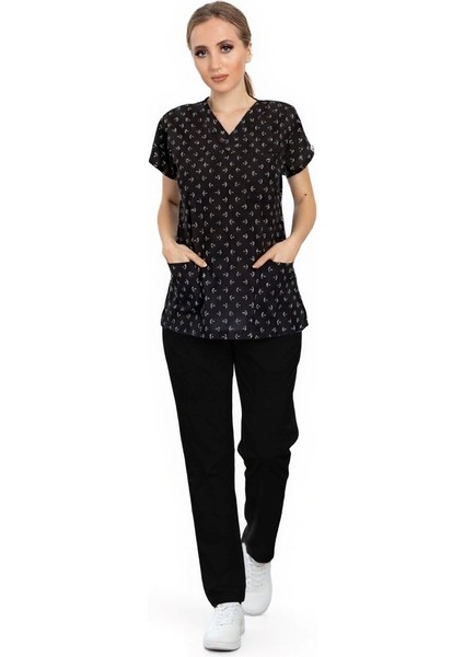 Unisex Siyah Çapa Desenli Doktor Hemşire Hastane Aşçı Scrubs Üniforma Takımı fiyatları