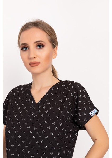 Unisex Siyah Çapa Desenli Doktor Hemşire Hastane Aşçı Scrubs Üniforma Takımı modelleri