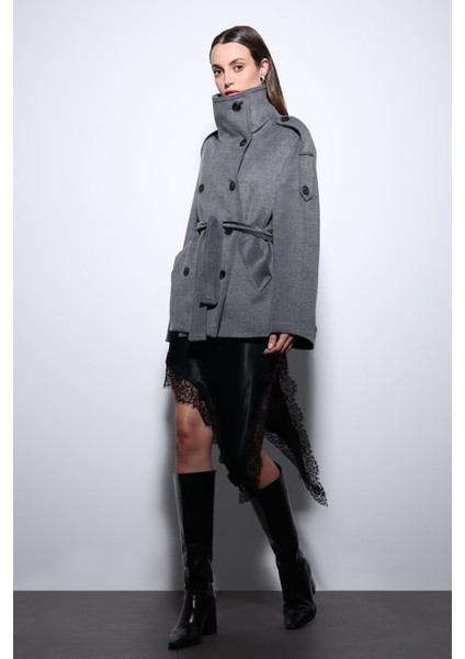 Gri Dik Yaka Kruvaze Kadın Kaban indirimleri