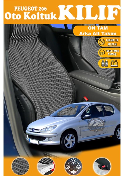 Peugeot 206 Uyumlu Siyah Prestij Serisi Dokuma Kumaş Oto Koltuk Kılıfı Ön Tam Arka Alt