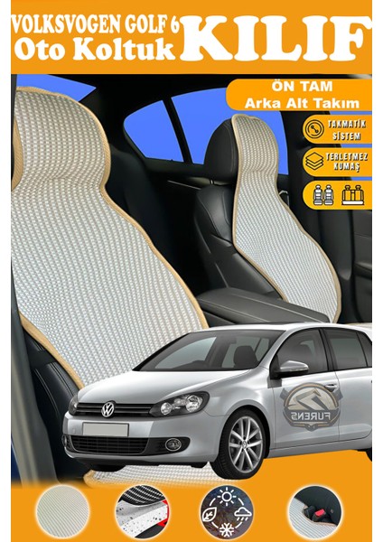 Volkswagen Golf 6 Uyumlu Bej Prestij Serisi Dokuma Kumaş Oto Koltuk Kılıfı Ön Tam Arka Alt