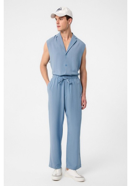 Mavi Keten Karışımlı Kolsuz Erkek Gömlek fiyatları