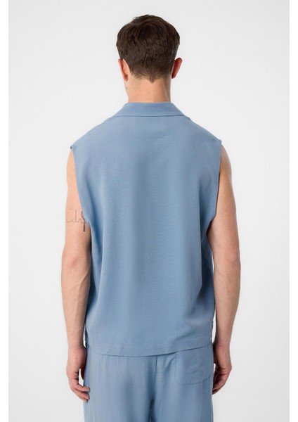 Mavi Keten Karışımlı Kolsuz Erkek Gömlek indirimleri