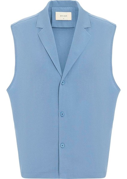 Mavi Keten Karışımlı Kolsuz Erkek Gömlek