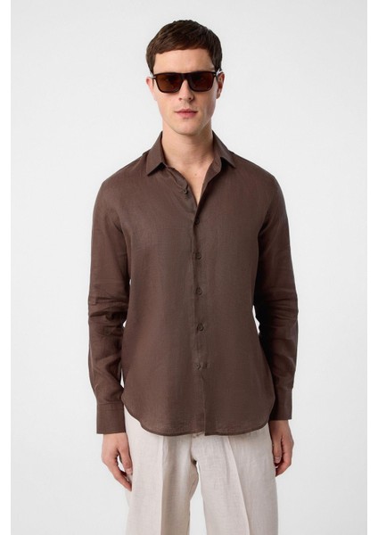 Kahve 100% Keten Comfort Fit Erkek Gömlek