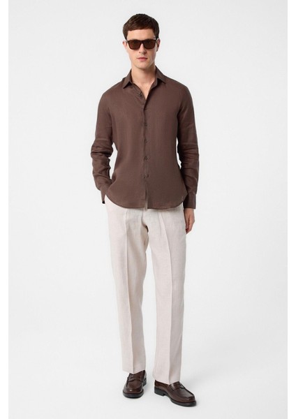 Kahve 100% Keten Comfort Fit Erkek Gömlek fiyatları