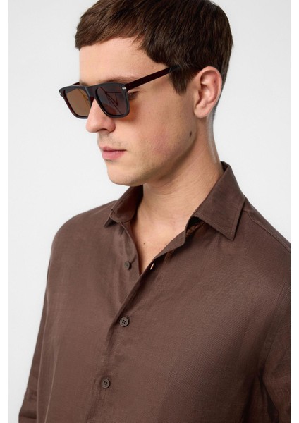 Kahve 100% Keten Comfort Fit Erkek Gömlek modelleri
