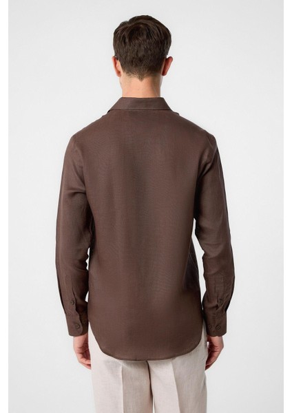Kahve 100% Keten Comfort Fit Erkek Gömlek fırsatları