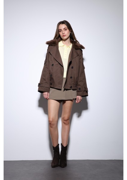 Kahve Suni Kürklü Kısa Kadın Trençkot modelleri