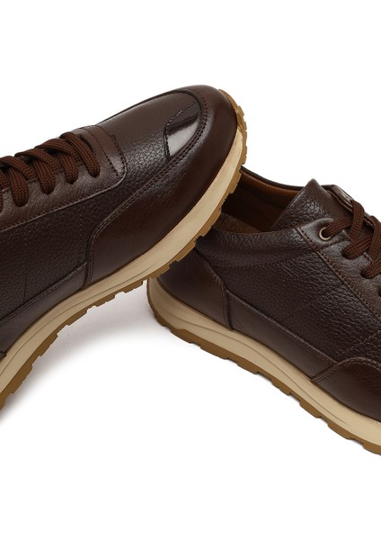 Erkek Kahverengi Bağcıklı Deri Casual Sneaker 25WFD675414