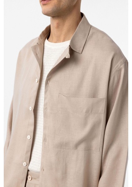 Bej Keten Karışımlı Relax Fit Erkek Gömlek modelleri