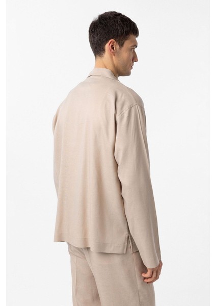 Bej Keten Karışımlı Relax Fit Erkek Gömlek fırsatları