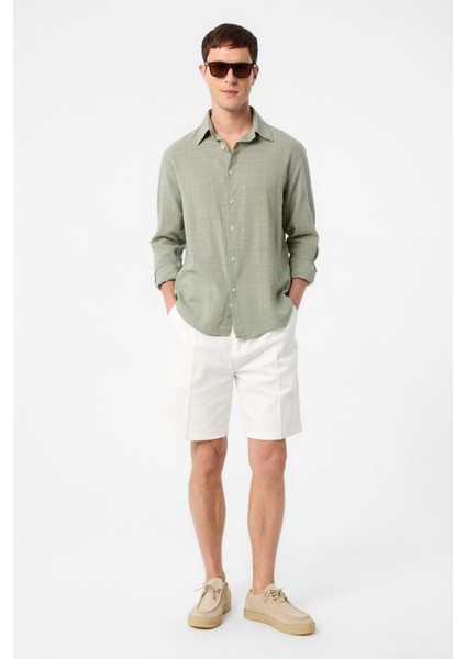 Haki Relax Fit Dokulu Erkek Gömlek modelleri