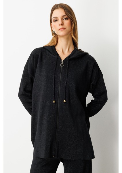 Kapüşon Detay Simli Triko Takım-SİYAH fiyatları