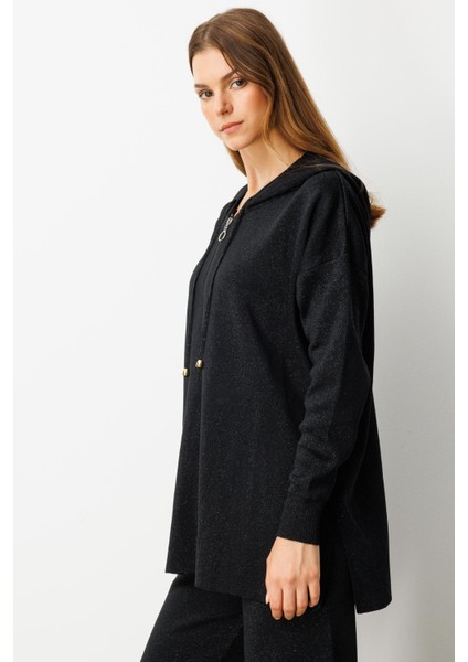 Kapüşon Detay Simli Triko Takım-SİYAH fırsatları